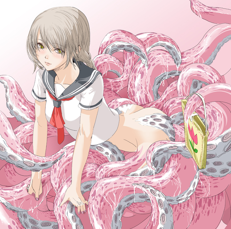 tanupo, original, 1girl, bag, bottomless, braid, female focus, flower, long hair, looking at viewer, monster girl, octopus, school uniform, scylla, serafuku, simple background, solo, tentacles