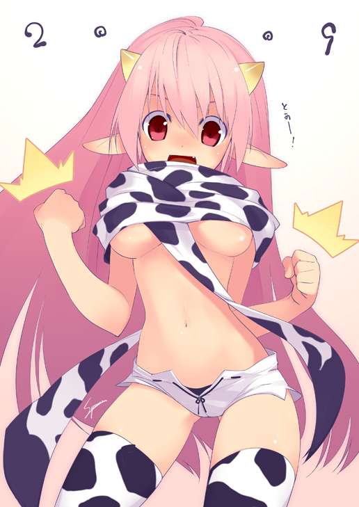 sumaki shungo, 00s, 1girl, 2009, animal print, breasts, cow print, female focus, medium breasts, midriff, pink hair, pointy ears, red eyes, scarf, short shorts, shorts, solo, thighhighs, underboob