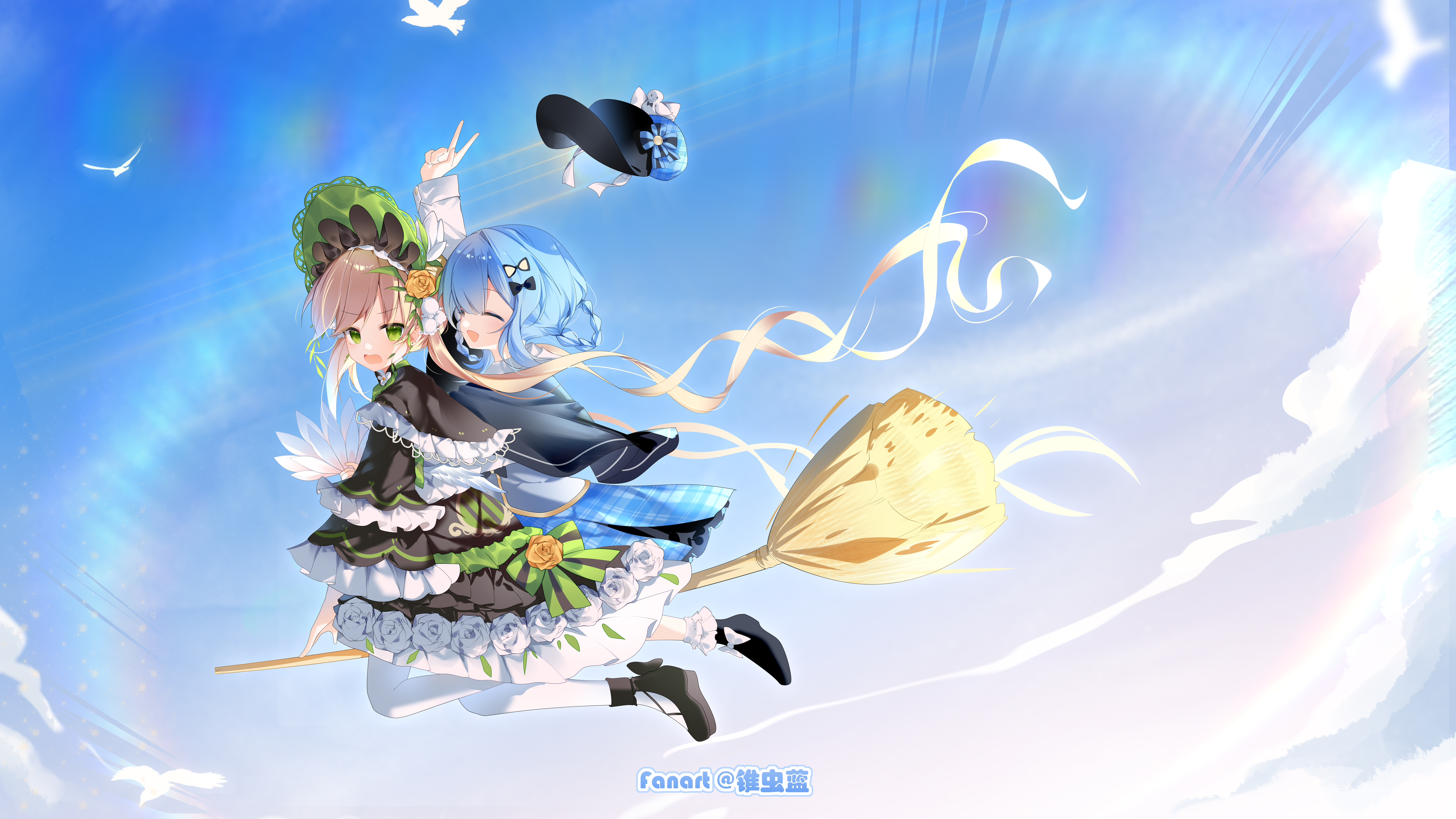 trypan blue, tachibana sherry, tono hanna, mahou shoujo no majo saiban, absurdres, commentary, english commentary, highres, 2girls, :d, arm up, black bow, black capelet, black hat, black shoes, blonde hair, blue hair, blue skirt, blue sky, bow, braid, braided hair rings, broom, broom riding, capelet, closed eyes, deerstalker, dress, floating hair, flower, flying, frilled capelet, frilled dress, frilled sleeves, frills, full body, green bow, green eyes, hair bow, hair rings, hat, lolita fashion, long hair, long sleeves, looking at another, looking back, multiple girls, open mouth, outdoors, pantyhose, rose, shoes, short hair, skirt, sky, smile, twintails, v, very long hair, white flower, white pantyhose, white rose, yellow flower, yellow rose