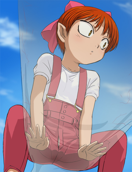 haruyama kazunori, nekomusume, gegege no kitarou, toei company, 1girl, female focus, loli, overalls, red hair, red overalls, short hair, solo, unzipped, yellow eyes