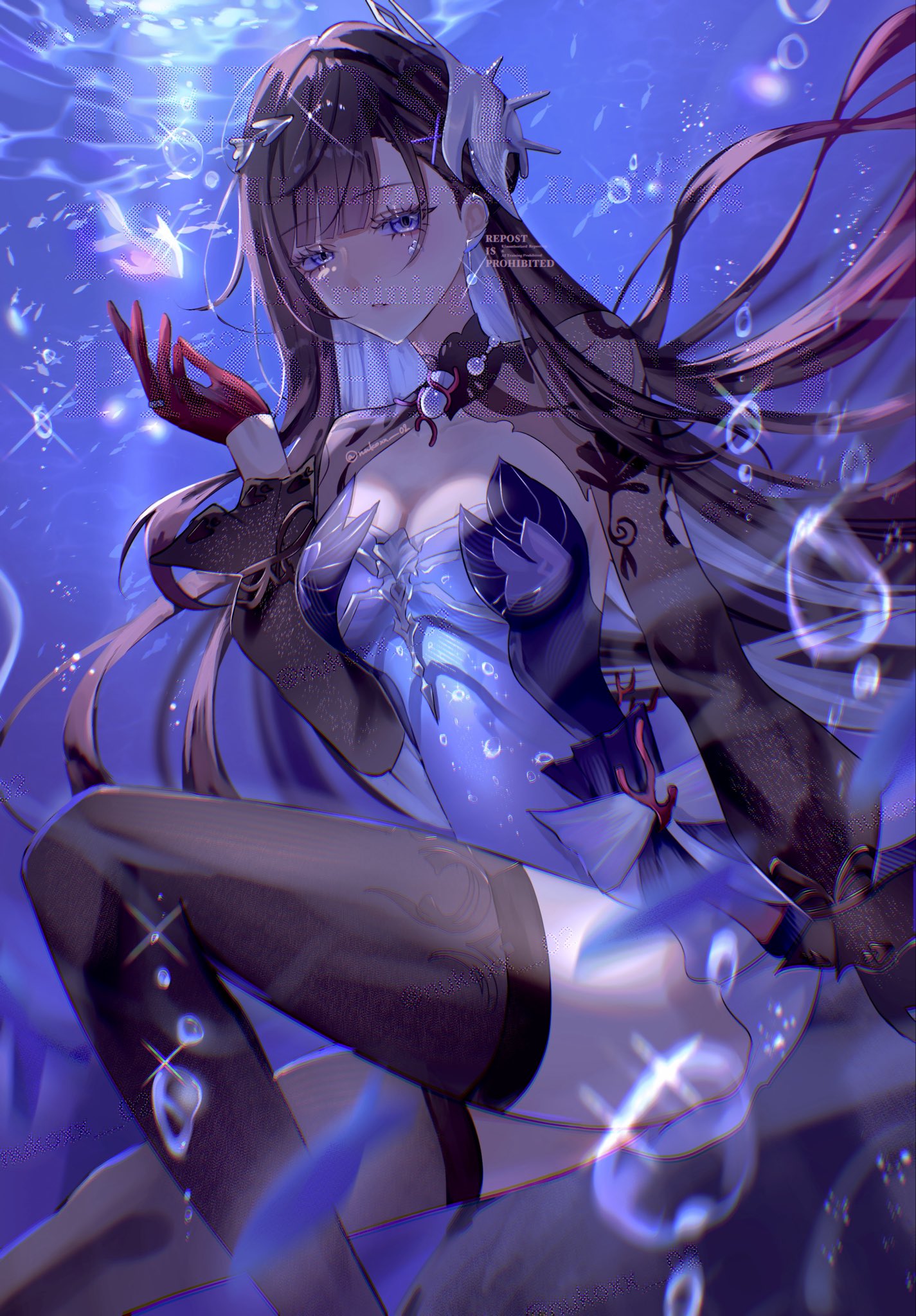 nukoxx 02, hysilens (honkai: star rail), honkai: star rail, honkai (series), highres, 1girl, air bubble, black hair, black thighhighs, blue dress, blue eyes, breasts, bubble, cleavage, dress, earrings, gloves, jewelry, large breasts, long hair, looking at viewer, pearl earrings, red gloves, shrug (clothing), solo, thighhighs, thighs, underwater, very long hair