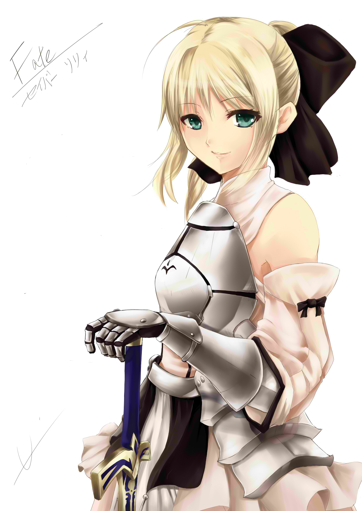 u-1 (suzumiyaharuhi saikou), artoria pendragon (fate), saber (fate), saber lily, capcom, fate/stay night, fate/unlimited codes, fate (series), highres, 00s, 1girl, ahoge, aqua eyes, armor, armored dress, bare shoulders, blonde hair, bow, detached sleeves, dress, female focus, gauntlets, gloves, hair ribbon, hand on hilt, looking at viewer, ponytail, ribbon, short hair, signature, simple background, smile, solo, sword, weapon, white background