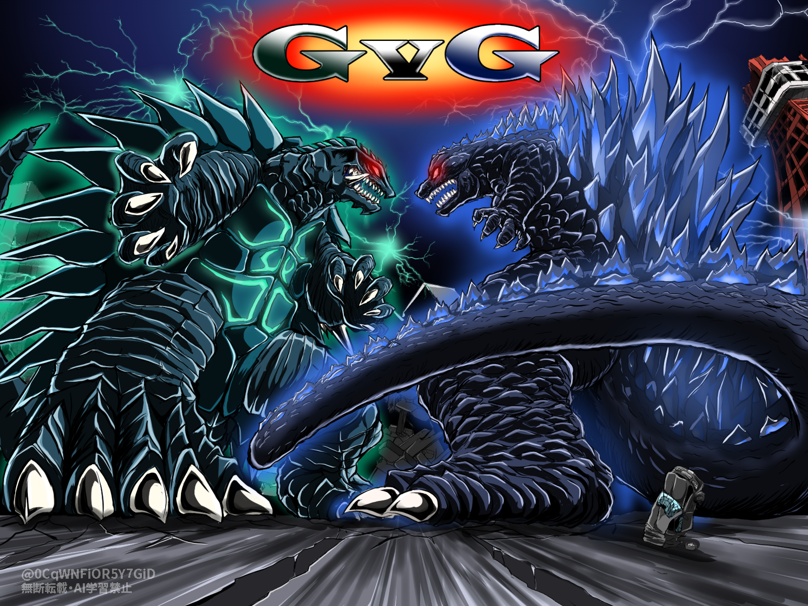 level herock, gamera, godzilla, godzilla (minus one), gamera (series), gamera 3: revenge of iris, godzilla (series), tokusatsu, highres, battle, claws, crossover, elbow spikes, fangs, giant, giant monster, jaw, kaiju, long tail, monster, no humans, open mouth, red eyes, sharp teeth, spines, tail, teeth, tortoise, turtle, turtle shell, tusks
