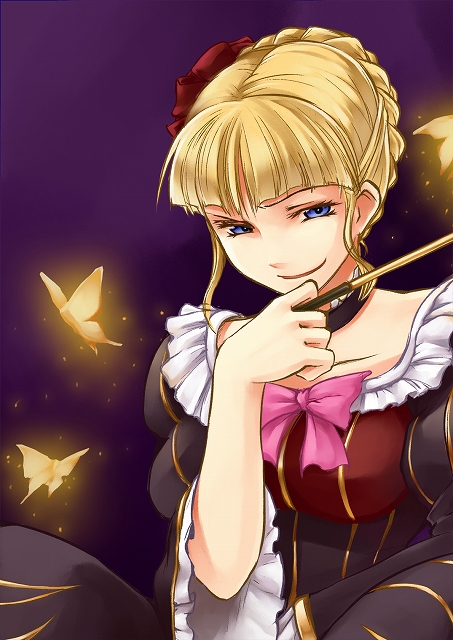 yuzun, beatrice (umineko), umineko no naku koro ni, 00s, 1girl, blonde hair, blue eyes, bug, butterfly, dress, female focus, insect, kiseru, smile, smirk, smoking pipe, solo