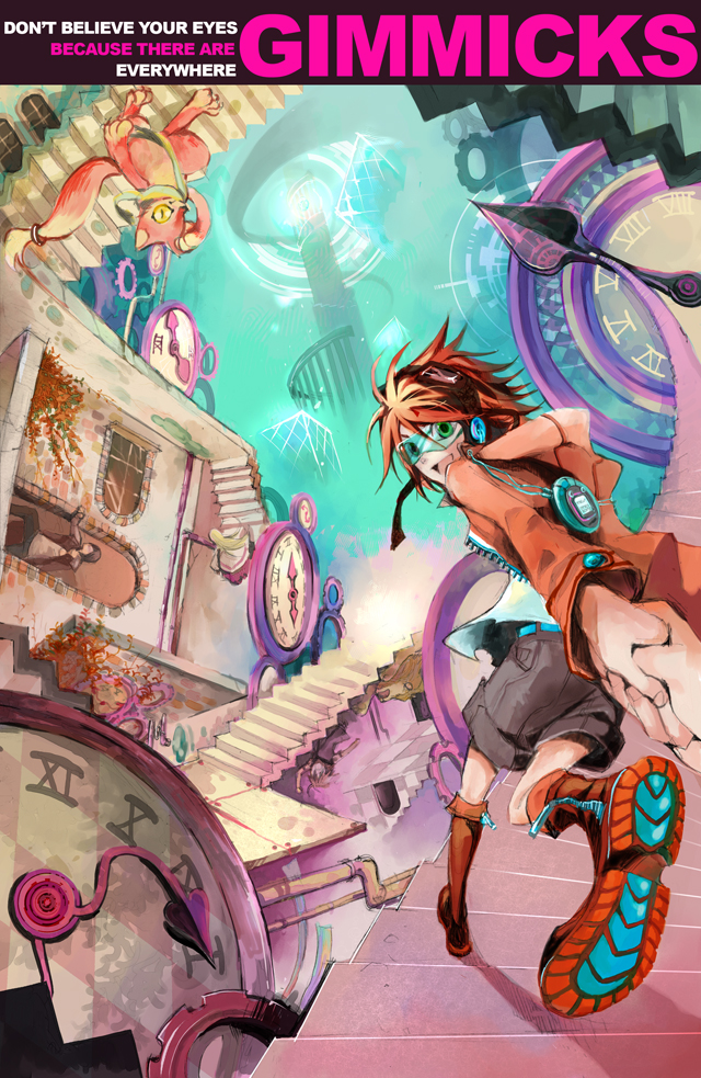 nair (mindcreator), original, 1girl, clock, english text, engrish text, nairchan, perspective, ranguage, solo focus, stairs, sunglasses