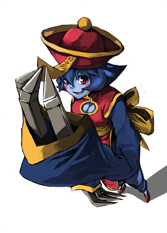 pantsu (artist), ponzu (catponz), hsien-ko, capcom, darkstalkers, 1girl, blue hair, blue skin, breasts, cleavage, cleavage cutout, clothing cutout, colored skin, female focus, flipped hair, from above, hat, jiangshi, qingdai guanmao, red eyes, short hair, solo