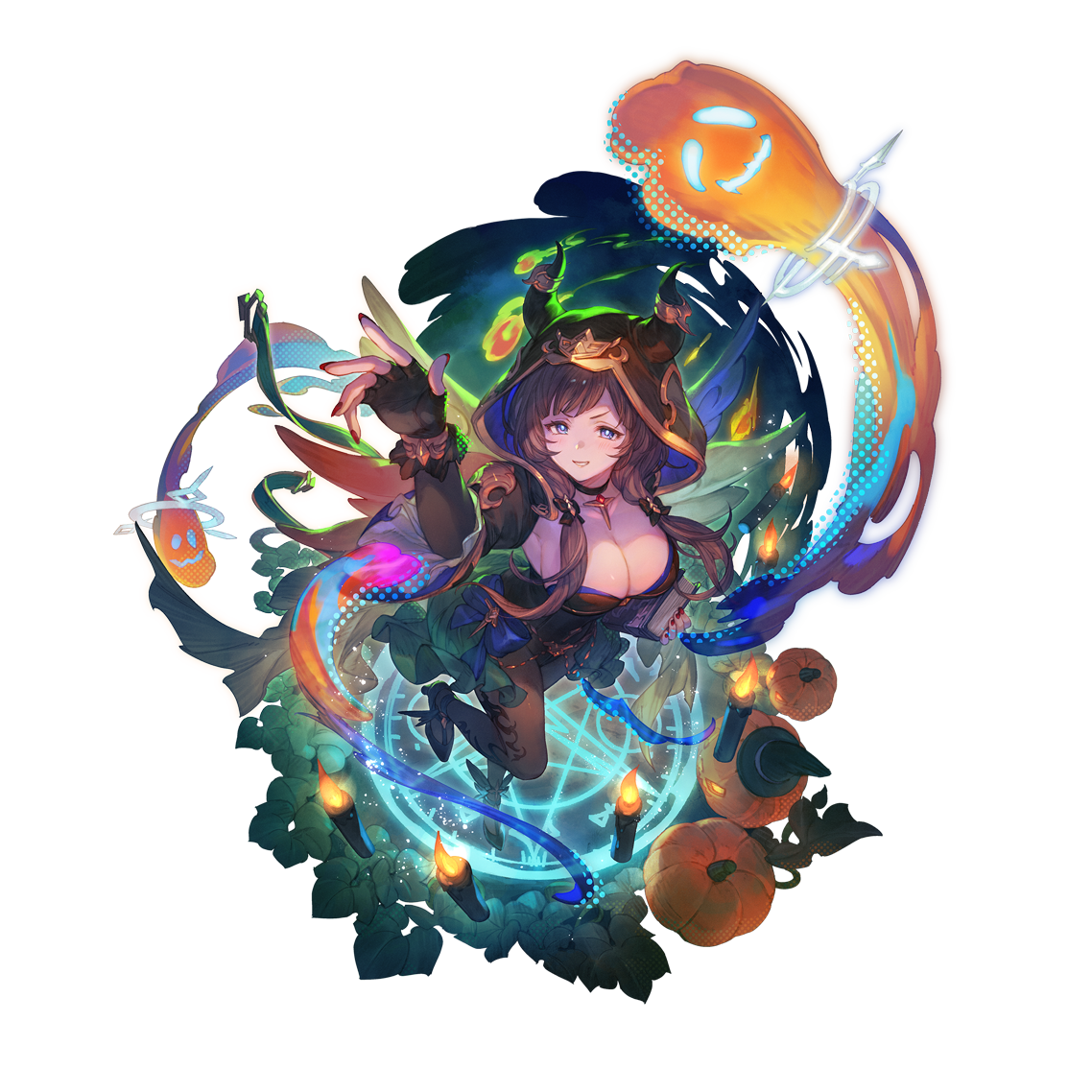 minaba hideo, raziel (granblue fantasy), granblue fantasy, official art, 1girl, black choker, black gloves, black leotard, black pantyhose, black shoes, blue eyes, blush, book, breasts, brown hair, candle, choker, cleavage, collarbone, fingerless gloves, full body, gloves, halloween, halloween costume, high heels, holding, holding book, hood, hood up, horned hood, horns, jack-o'-lantern, large breasts, leotard, long hair, looking at viewer, low twintails, magic circle, pantyhose, pumpkin, red nails, shoes, smile, solo, transparent background, twintails
