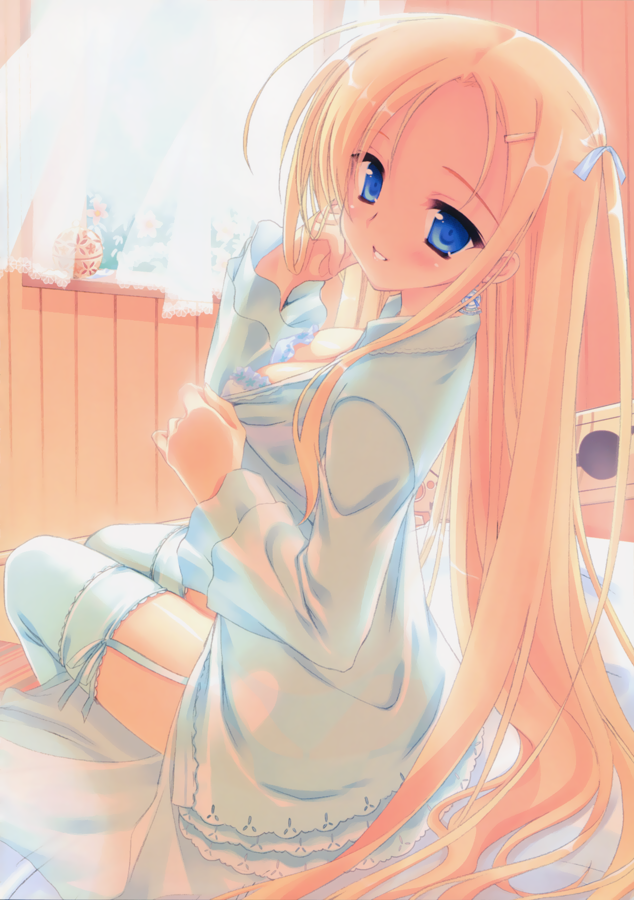 kobuichi, carina verritti, shukufuku no campanella, highres, 1girl, blonde hair, blue eyes, bra, breasts, cleavage, female focus, garter belt, garter straps, hair ornament, hairclip, lingerie, long hair, pajamas, sitting, smile, solo, thighhighs, underwear, very long hair, white bra, white thighhighs, window