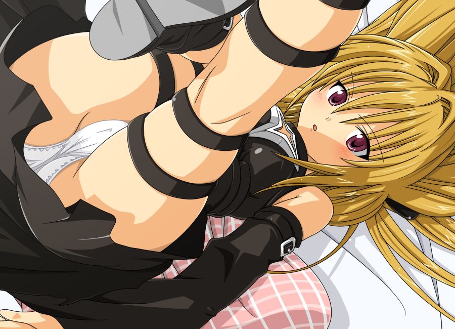 konjiki no yami, to love-ru, jpeg artifacts, 00s, 1girl, ass, bare shoulders, bed, blonde hair, blush, detached sleeves, female focus, long hair, lying, on back, panties, pantyshot, pillow, red eyes, solo, thigh strap, underwear