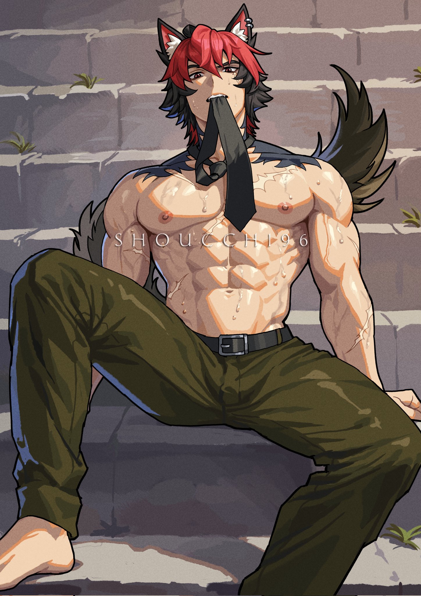 shoucchi96, komano manato, zenless zone zero, commentary, english commentary, highres, variant set, 1boy, abs, alternate costume, animal ear fluff, artist name, barefoot, belt, biceps, black belt, black hair, black necktie, black tail, brown hair, feet, green pants, looking at viewer, male focus, mouth hold, multicolored hair, muscular, muscular male, navel, necktie, necktie in mouth, nipples, open clothes, pants, pectorals, red hair, scar, scar on chest, scar on face, short hair, sitting, sitting on stairs, solo, stairs, sweat, topless male, two-tone hair, veins, veiny arms