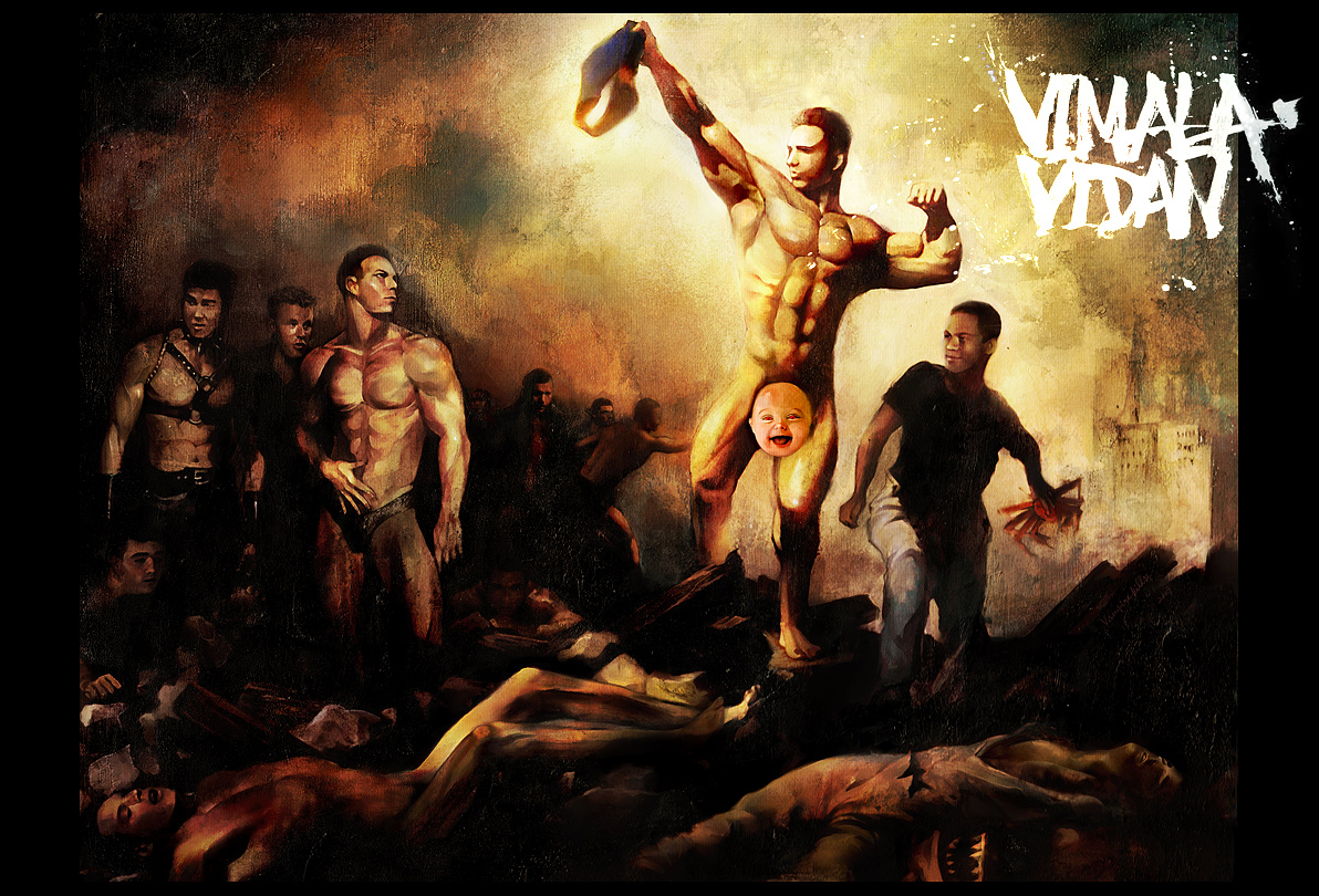 banpai akira, billy herrington, van darkholme, liberty leading the people, niconico, 6+boys, artistic nudity, censored, crab, crustacean, fine art parody, male focus, multiple boys, novelty censor, nude, parody