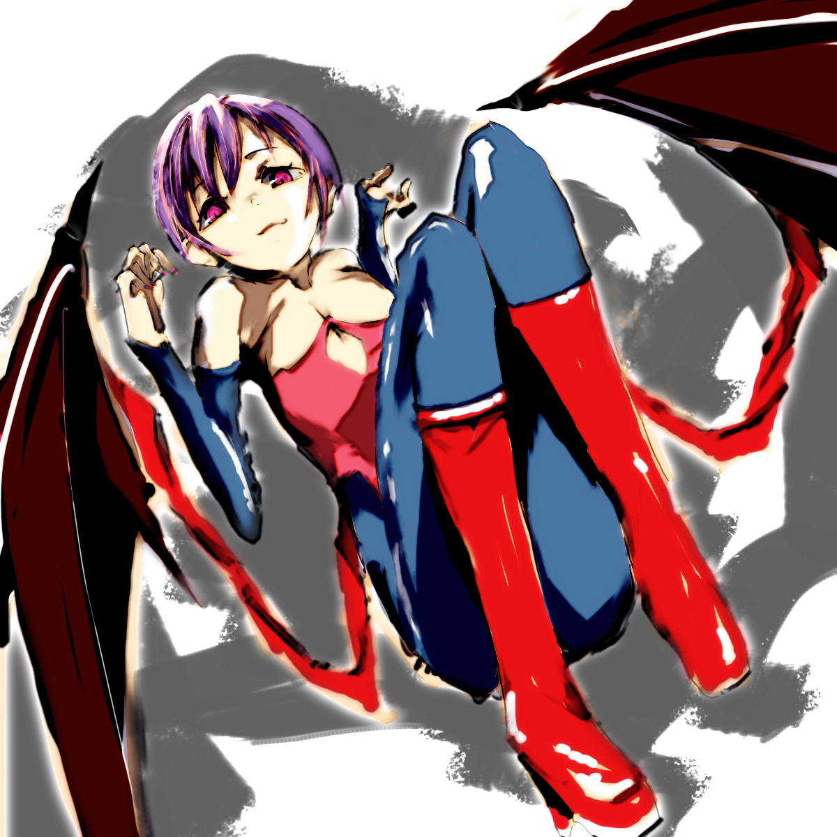 atihsa, lilith (darkstalkers), capcom, darkstalkers, highres, 1girl, bat wings, demon girl, elbow gloves, female focus, flat chest, gloves, leotard, pantyhose, purple hair, red eyes, red leotard, short hair, solo, wings