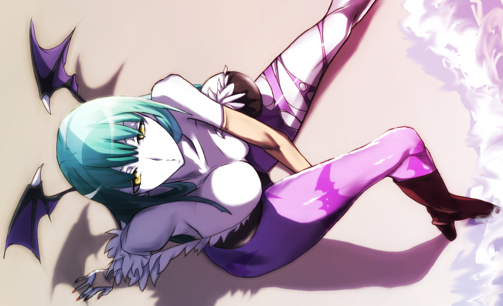 atihsa, morrigan aensland, capcom, darkstalkers, 1girl, animal ears, animal print, bat print, breasts, cleavage, demon girl, elbow gloves, female focus, gloves, green eyes, green hair, head wings, large breasts, long hair, matching hair/eyes, pale skin, pantyhose, print pantyhose, solo, torn clothes, torn pantyhose, wings