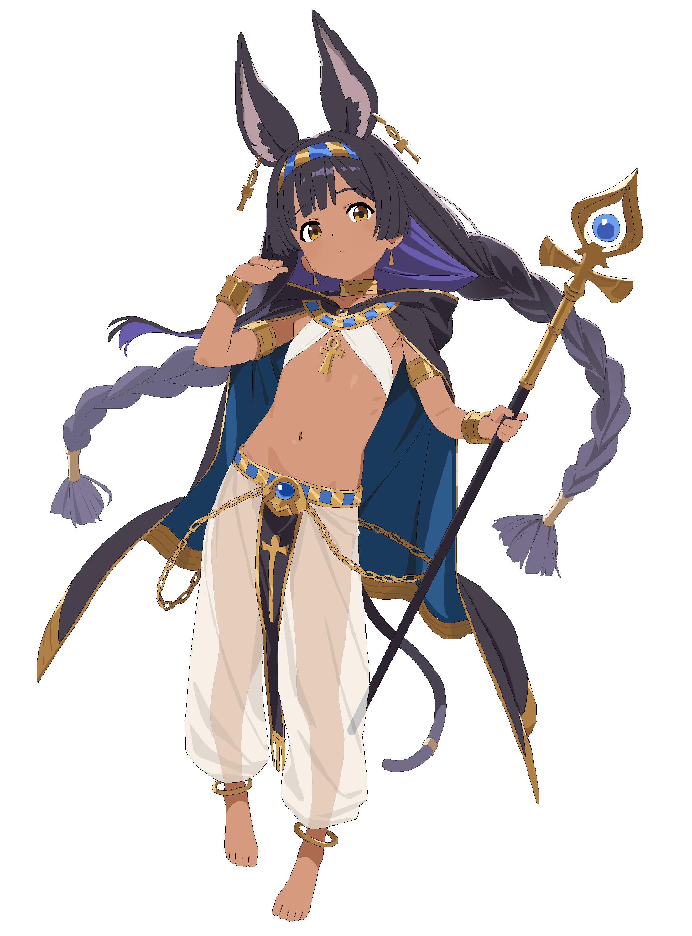agrafl, original, absurdres, highres, 1girl, ancient egyptian clothes, animal ear piercing, animal ears, ankh, anklet, armlet, barefoot, black cape, black hair, bracer, braid, cape, closed mouth, colored inner hair, dark-skinned female, dark skin, earrings, expressionless, extra ears, flat chest, full body, harem pants, holding, holding staff, hood, hood down, hooded cape, if you want to become a godly artist (trend), jewelry, long hair, looking at viewer, midriff, multicolored hair, navel, neck ring, orange eyes, pants, pelvic curtain, puffy pants, purple hair, see-through clothes, see-through pants, simple background, solo, staff, standing, tail, triangle earrings, twin braids, two-sided cape, two-sided fabric, two-tone hair, usekh collar, very long hair, white background, white pants