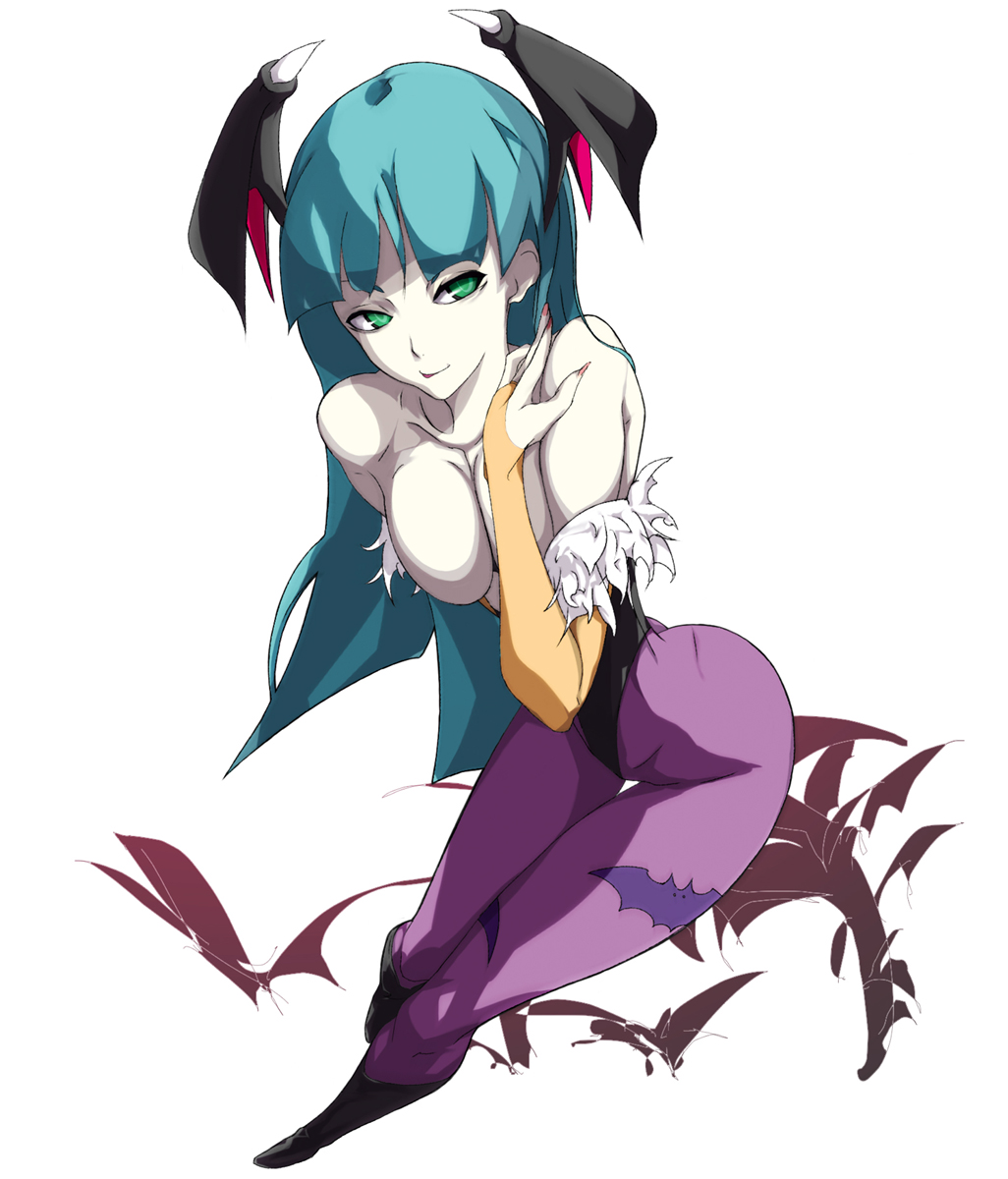 atihsa, morrigan aensland, capcom, darkstalkers, bad id, bad pixiv id, highres, 1girl, animal ears, animal print, bat print, breasts, cleavage, demon girl, elbow gloves, female focus, gloves, green eyes, green hair, head wings, large breasts, long hair, matching hair/eyes, pale skin, pantyhose, print pantyhose, solo, wings