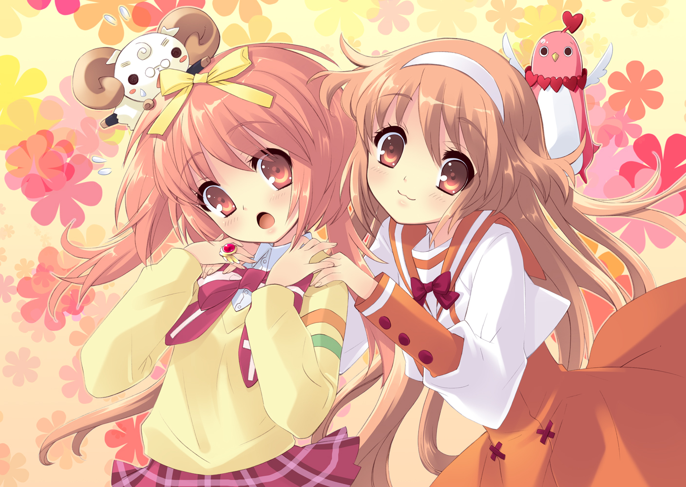 ito noizi, akihime sumomo, alice (alice parade), emudori, miori (alice parade), yuki-chan, alice parade, nanatsuiro drops, hands on shoulders, striped, official art, 00s, 2girls, :3, :o, antennae, baby animal, bird, blush stickers, bow, bowtie, brown hair, crossover, flat chest, flower, flying, glasses, hair bow, hairband, heart, horns, jewelry, lamb, leaning forward, long hair, looking down, multiple girls, o o, object on head, open mouth, pince-nez, pink eyes, pink hair, plaid clothes, plaid skirt, ring, school uniform, serafuku, sheep, skirt, smile, surprised, sweatdrop, sweater, twintails, very long hair