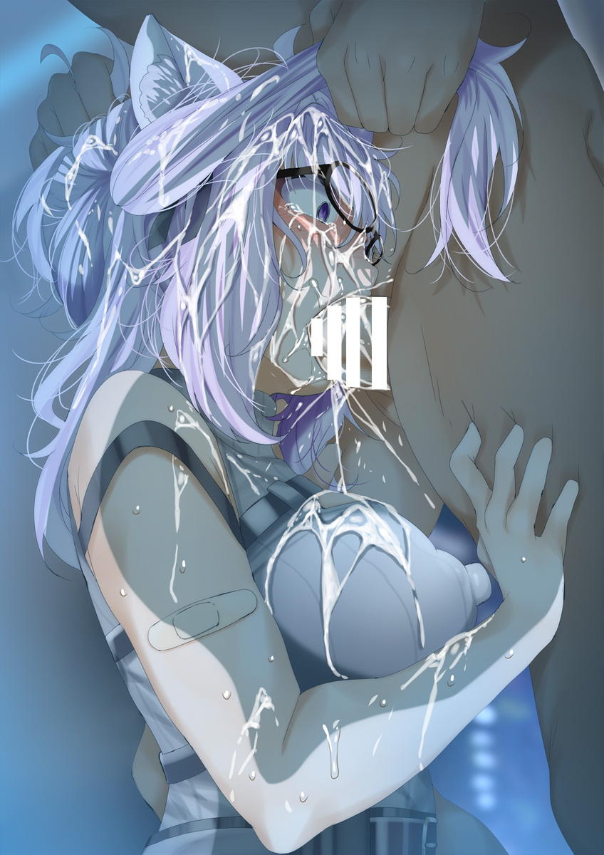 fumihiko (fu mihi ko), character request, copyright request, highres, 1boy, 1girl, animal ear fluff, animal ears, bar censor, belt, blush, breasts, censored, clothed female nude male, constricted pupils, covered erect nipples, crying, crying with eyes open, cum, cum on body, cum on breasts, cum on hair, cum on upper body, cum overflow, deepthroat, erection, facial, fellatio, glasses, grabbing another's hair, hair between eyes, hetero, holding another's hair, huge nipples, irrumatio, large areolae, large breasts, long hair, nude, oral, penis, purple hair, rough sex, sex, sidelocks, sleeveless, sleeveless sweater, strap, sweater, tears, turtleneck, turtleneck sweater, twintails, white sweater, wide-eyed