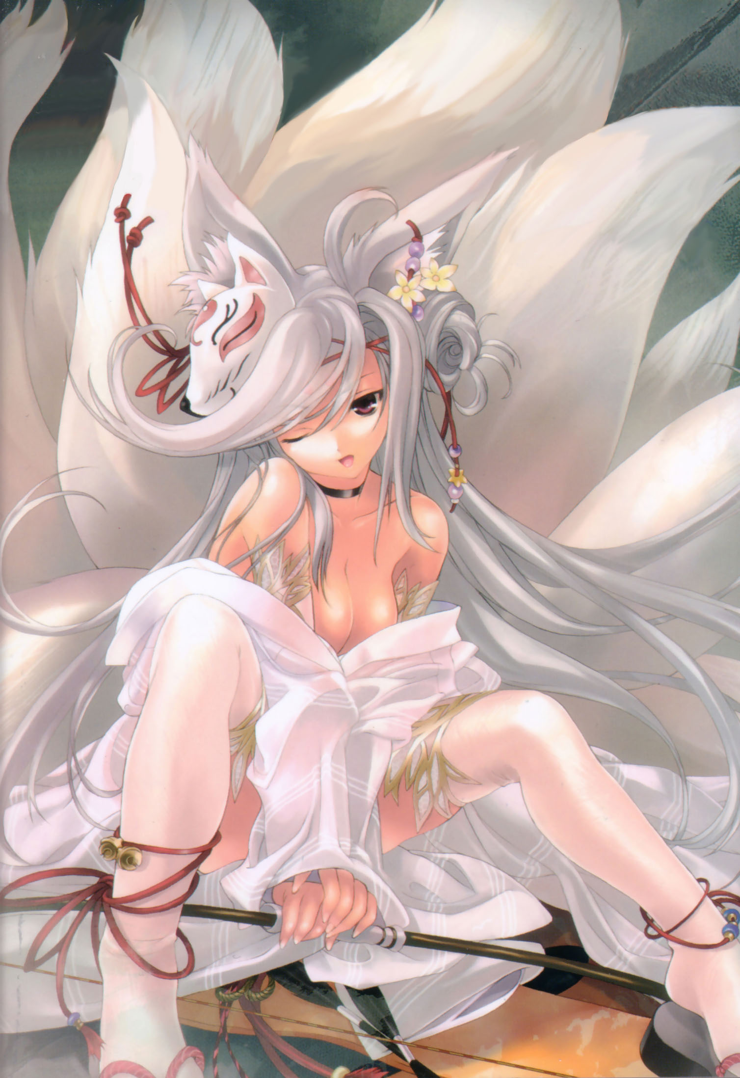 miwa yoshikazu, moe moe youkai jiten, silver hair, highres, 1girl, albino, animal ears, anklet, bell, bow, bow (weapon), breasts, choker, demon fox, female focus, fox, fox ears, fox mask, hair ornament, jewelry, kitsune, kyuubi, long hair, mask, multiple tails, one eye closed, red eyes, solo, tail, thighhighs, very long hair, weapon, wink