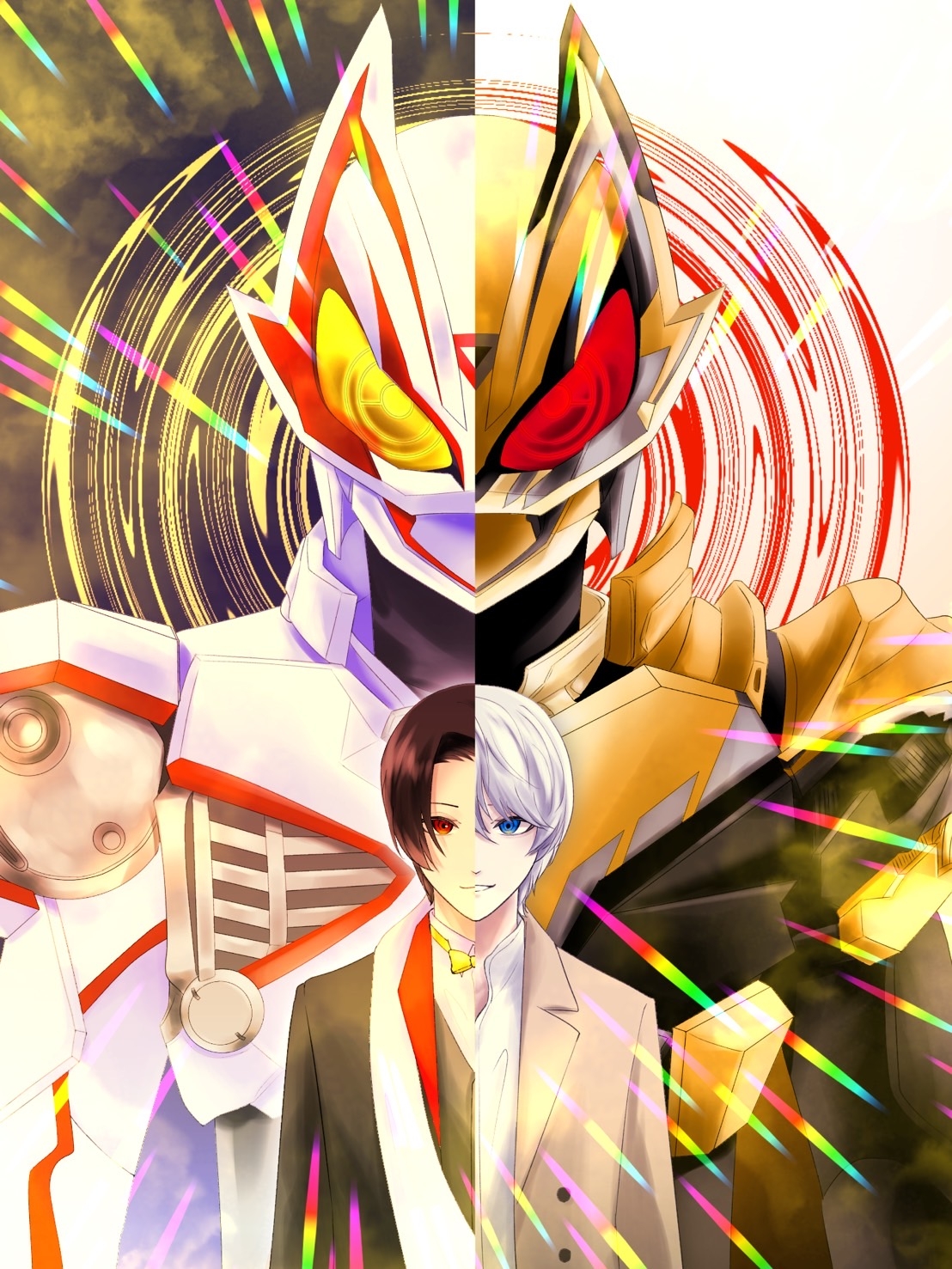 kamen rider dooms geats, kamen rider geats, kamen rider geats ix, ukiyo ace, kamen rider, kamen rider geats (series), tokusatsu, highres, 2boys, armor, black hair, black jacket, blue eyes, bodysuit, brown hair, cape, cjdx3528, desire driver, dual persona, fox mask, glowing, glowing eyes, helmet, jacket, kamen rider geats: jyamato awaking, male focus, mask, multiple boys, red eyes, shirt, short hair, solo, white hair, white shirt, yellow eyes