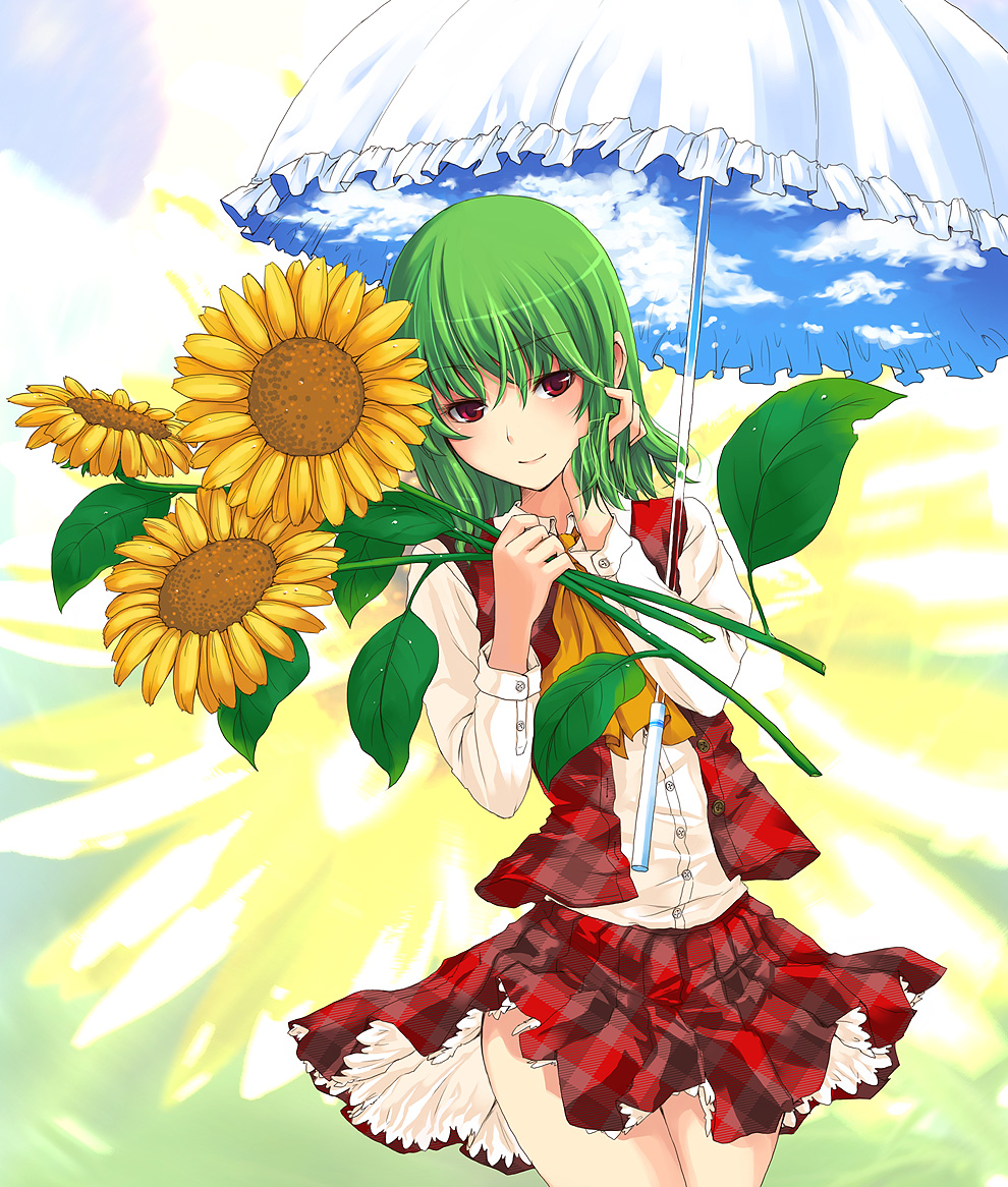 unasaka ryou, kazami yuuka, touhou, 1girl, ascot, female focus, flower, green hair, hand in own hair, holding, holding flower, parasol, plaid clothes, plaid skirt, plaid vest, red eyes, short hair, skirt, skirt set, sky, sky print, smile, solo, sunflower, umbrella, unmoving pattern, vest