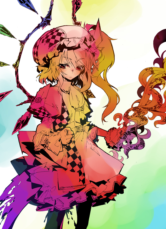 ikuhana niiro, flandre scarlet, touhou, bad id, bad pixiv id, 1girl, female focus, gradient background, hair between eyes, hat, ponytail, ribbon, short hair, solo, standing, wings