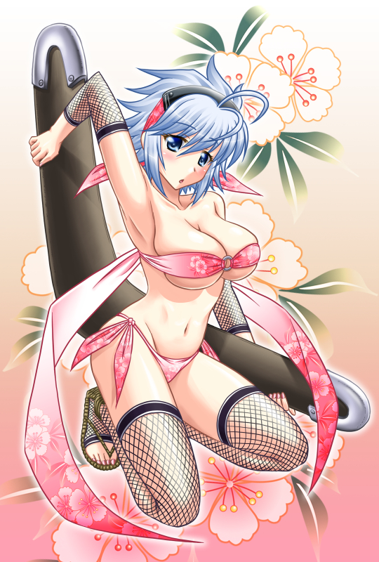 kakitsubata tsukune, original, bad id, bad pixiv id, bikini, blue eyes, blue hair, boomerang, flower, kneeling, nail polish, ninja, pink bikini, short hair, slippers, solo, swimsuit