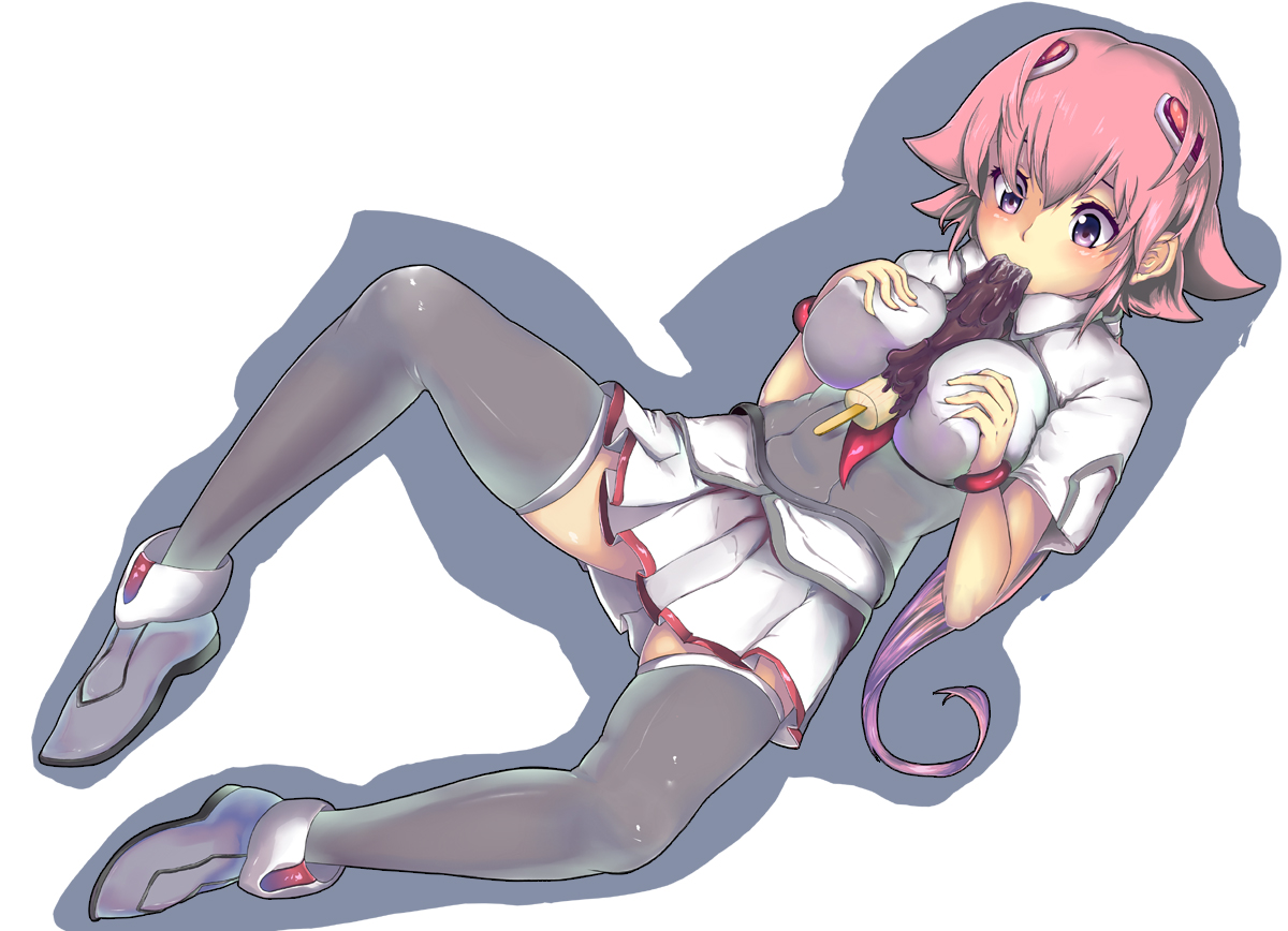 pro, shishidou akiha, sora wo kakeru shoujo, bad id, bad pixiv id, 00s, 1girl, between breasts, breasts, chocolate-covered food, chocolate banana, female focus, grabbing another's breast, groping, large breasts, pink eyes, pink hair, sexually suggestive, solo, thighhighs