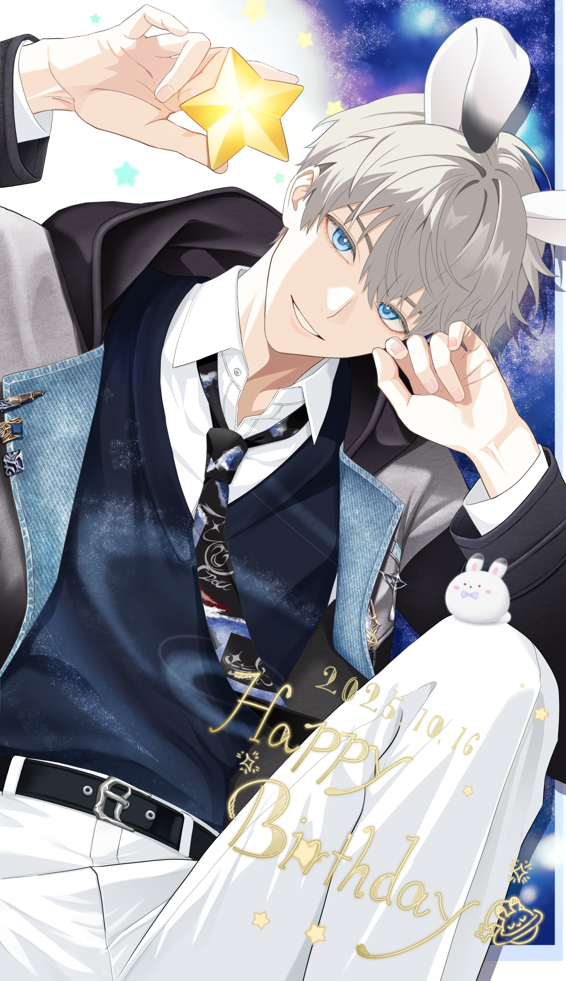 noctelle, xavier (love and deepspace), love and deepspace, commentary request, highres, 1boy, animal ears, belt, belt buckle, black belt, blue eyes, bow, bowtie, buckle, clenched teeth, collared shirt, dated, extra ears, fingernails, grey hair, happy birthday, jacket, knee up, layered clothes, long sleeves, looking at viewer, male focus, necktie, open clothes, open jacket, pants, purple bow, purple bowtie, rabbit ears, shirt, short hair, smile, solo, star (symbol), sweater vest, teeth, white pants