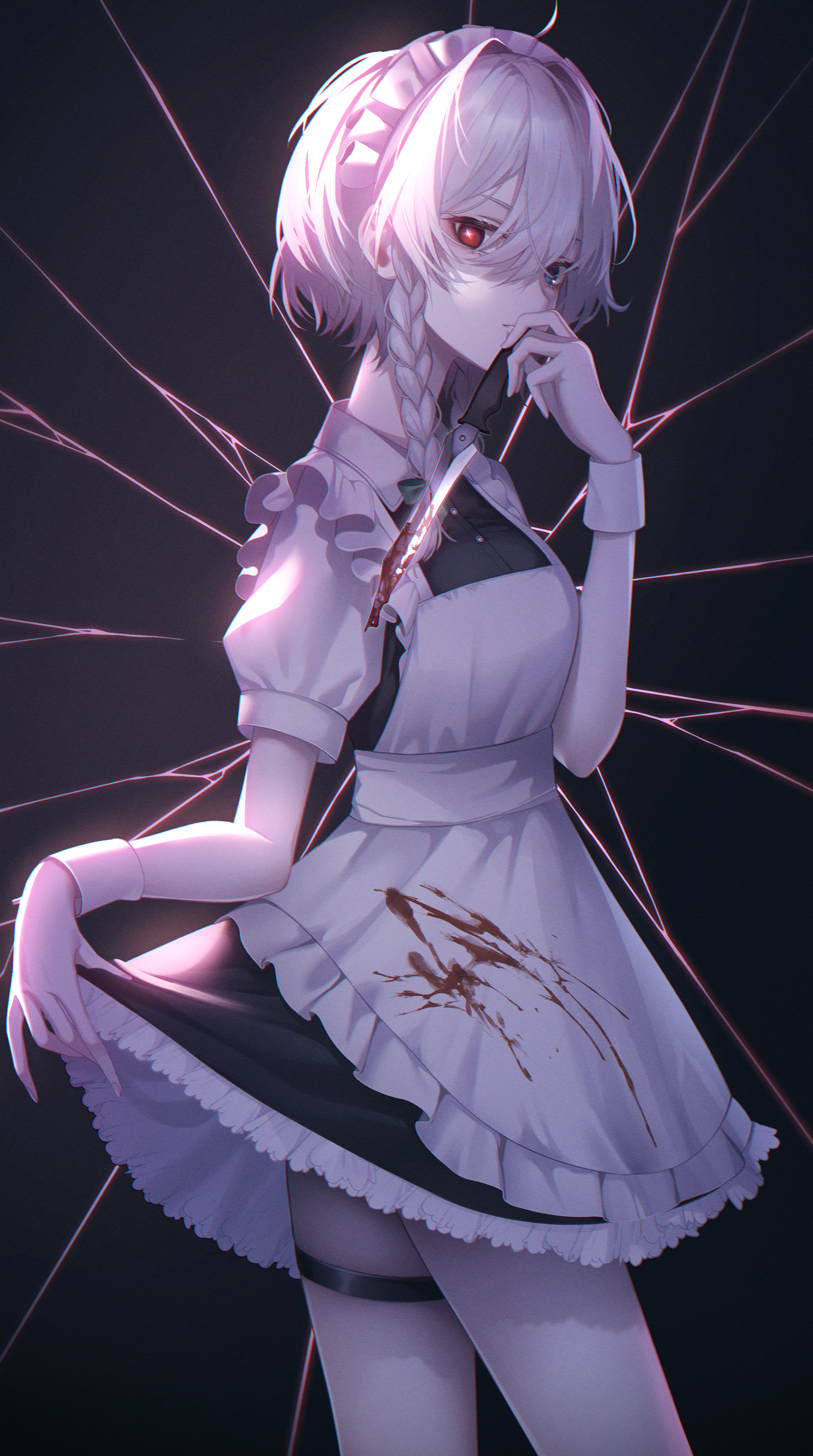 migihidari (puwako), izayoi sakuya, touhou, absurdres, highres, 1girl, apron, black shirt, blood, blood on clothes, bloody knife, blue eyes, braid, knife, maid, maid apron, maid headdress, red eyes, shirt, side braids, skirt, skirt hold, solo, white hair