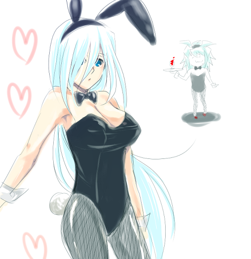 hanashou-san, kisara (yu-gi-oh!), yami bakura, yu-gi-oh!, yu-gi-oh! duel monsters, bad id, bad pixiv id, 1boy, 1girl, animal ears, aqua eyes, aqua hair, fake animal ears, fishnet pantyhose, fishnets, hair over one eye, long hair, pantyhose, playboy bunny, rabbit ears, ribbon