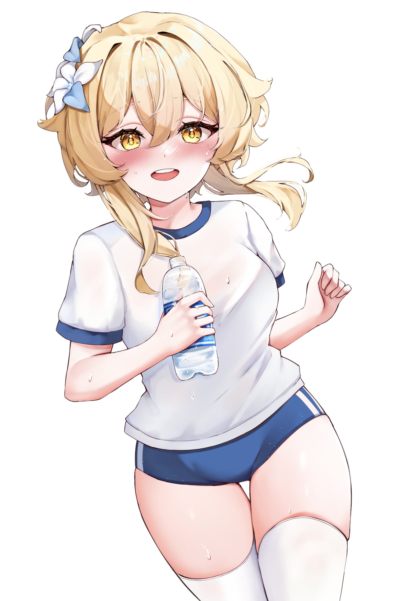 lumine (genshin impact), genshin impact, commentary request, highres, 1girl, blonde hair, blue buruma, blush, bottle, breasts, buruma, cowboy shot, double-parted bangs, flower, gym shirt, gym uniform, hair between eyes, hair flower, hair ornament, holding, holding bottle, looking at viewer, medium breasts, medium hair, open mouth, plastic bottle, riria mona1, shirt, short sleeves, simple background, smile, solo, sweat, teeth, thighhighs, thighs, upper teeth only, water bottle, white background, white shirt, white thighhighs, yellow eyes