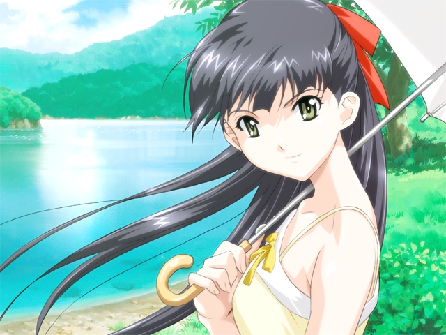 happoubi jin, tsunoda hiwako, separate blue, game cg, non-web source, 1girl, black hair, dress, female focus, green eyes, long hair, nature, solo, umbrella