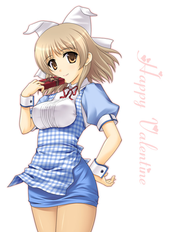 masakichi (crossroad), amatsuka hotaru, baby princess, 10s, 1girl, apron, blonde hair, bob cut, brown eyes, brown hair, chocolate, dress, female focus, hair ornament, happy valentine, kobeya uniform, pantyhose, plaid apron, plaid clothes, ribbon, short dress, short hair, sidelocks, simple background, smile, solo, standing, valentine, waitress, wrist cuffs