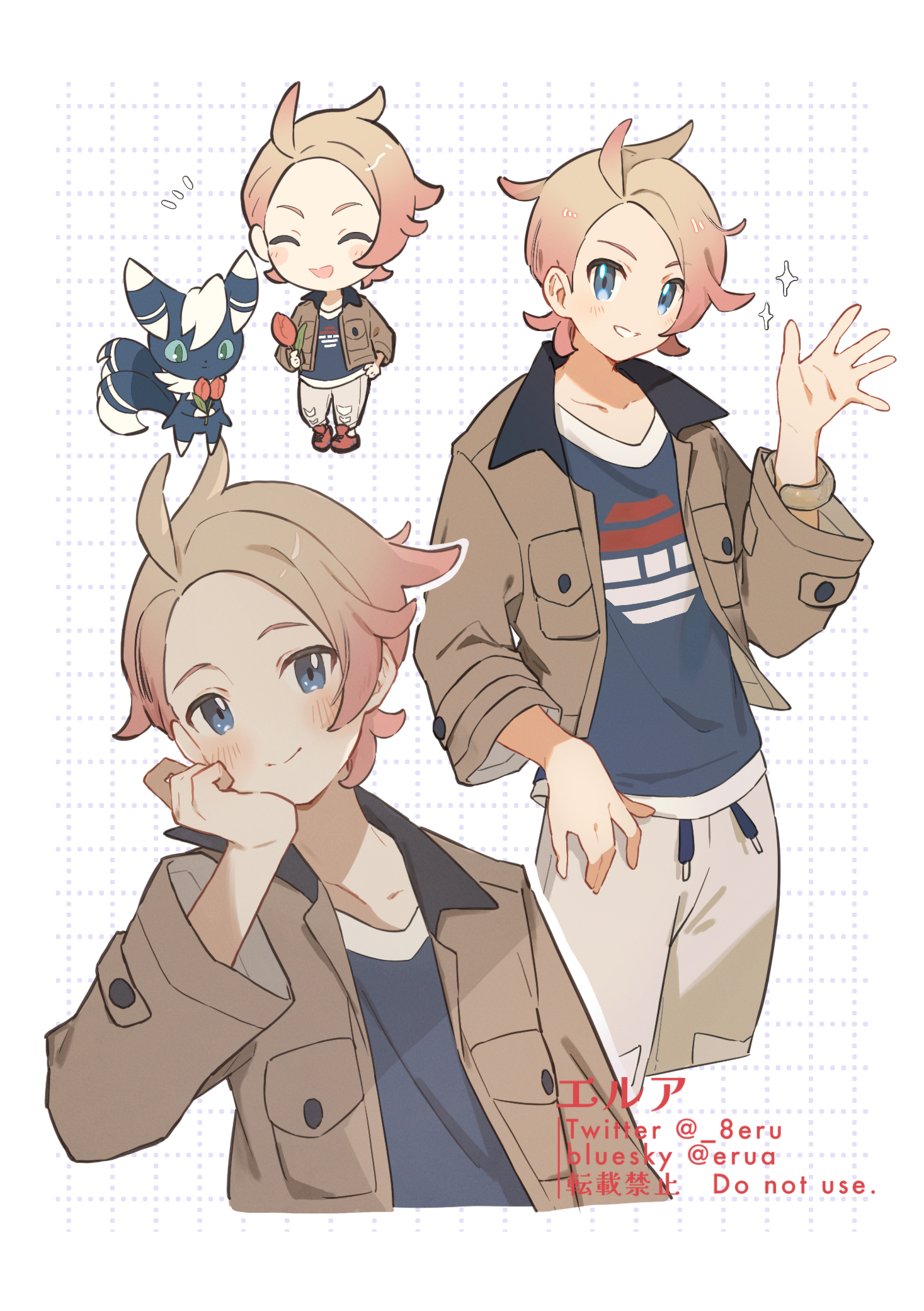 erua ( 8eru), meowstic, meowstic (male), urbain (pokemon), nintendo, pokemon, pokemon legends: z-a, commentary request, highres, 1boy, blonde hair, blue eyes, bluesky username, bracelet, brown jacket, gen 6 pokemon, grid background, grin, hand up, head rest, jacket, jewelry, looking at viewer, male focus, multiple views, notice lines, open clothes, open jacket, pants, pokemon (creature), shirt, smile, sparkle, teeth, twitter username, watermark
