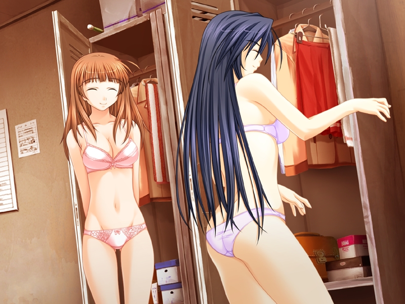 furuno masashi, nanami ayane, sakuragi yurika, tachibana miyuki, cheerfull!, game cg, 2girls, ^ ^, arms behind back, ass, blue hair, blunt bangs, bow, bow bra, bow panties, bra, breasts, brown hair, changing, cleavage, closed eyes, dutch angle, female focus, lace, lace bra, lace panties, lingerie, locker, locker room, long hair, lowleg, lowleg panties, multiple girls, navel, orange hair, panties, pink bra, pink panties, purple bra, purple panties, smile, standing, thighs, underwear, underwear only, very long hair