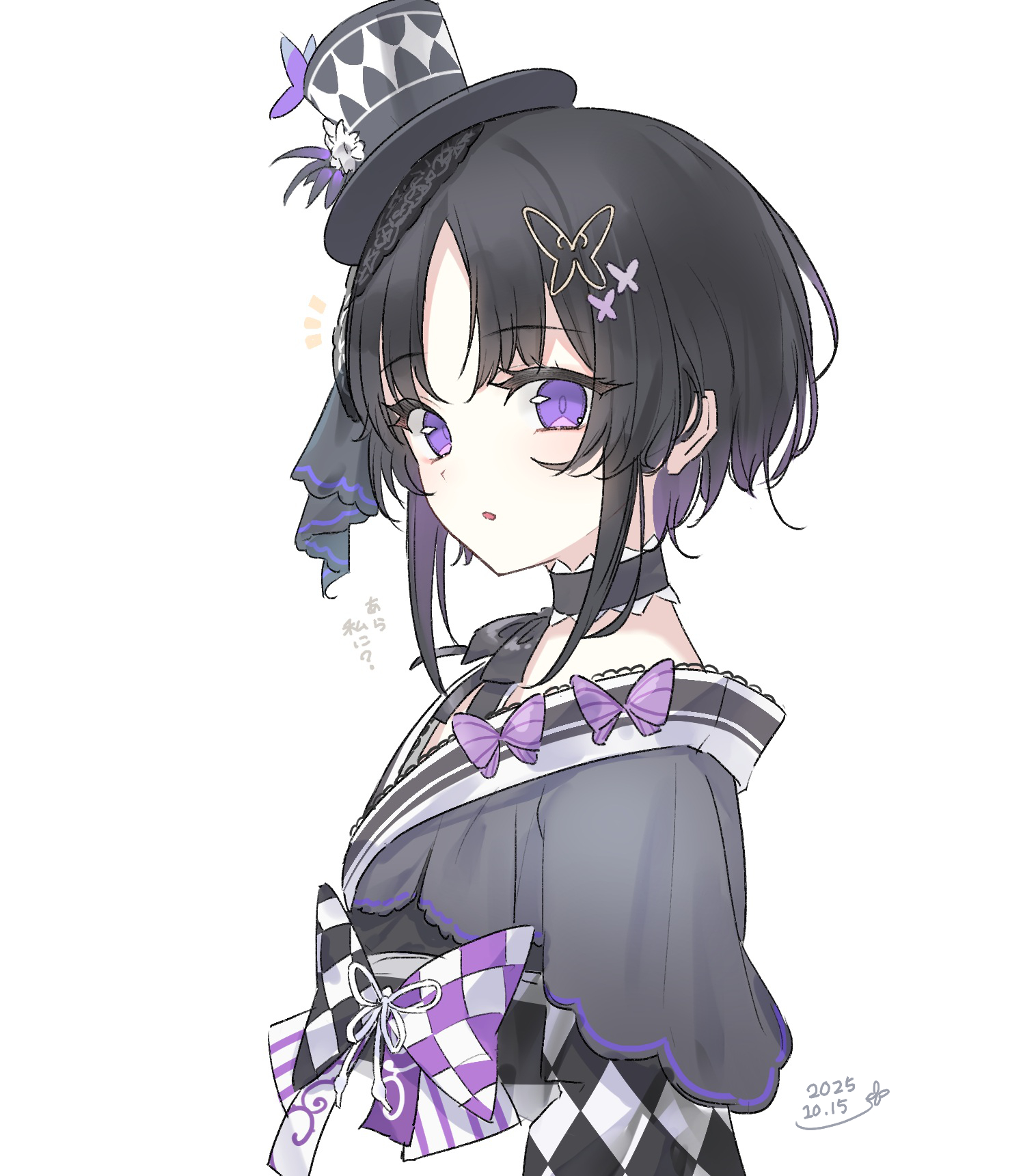 ise dango, housho margo, mahou shoujo no majo saiban, commentary request, highres, translation request, 1girl, black choker, black hair, black hat, butterfly hair ornament, choker, from side, hair ornament, hat, japanese clothes, lolita fashion, looking at viewer, mini hat, mini top hat, parted bangs, purple eyes, short hair, simple background, solo, top hat, upper body, wa lolita, white background