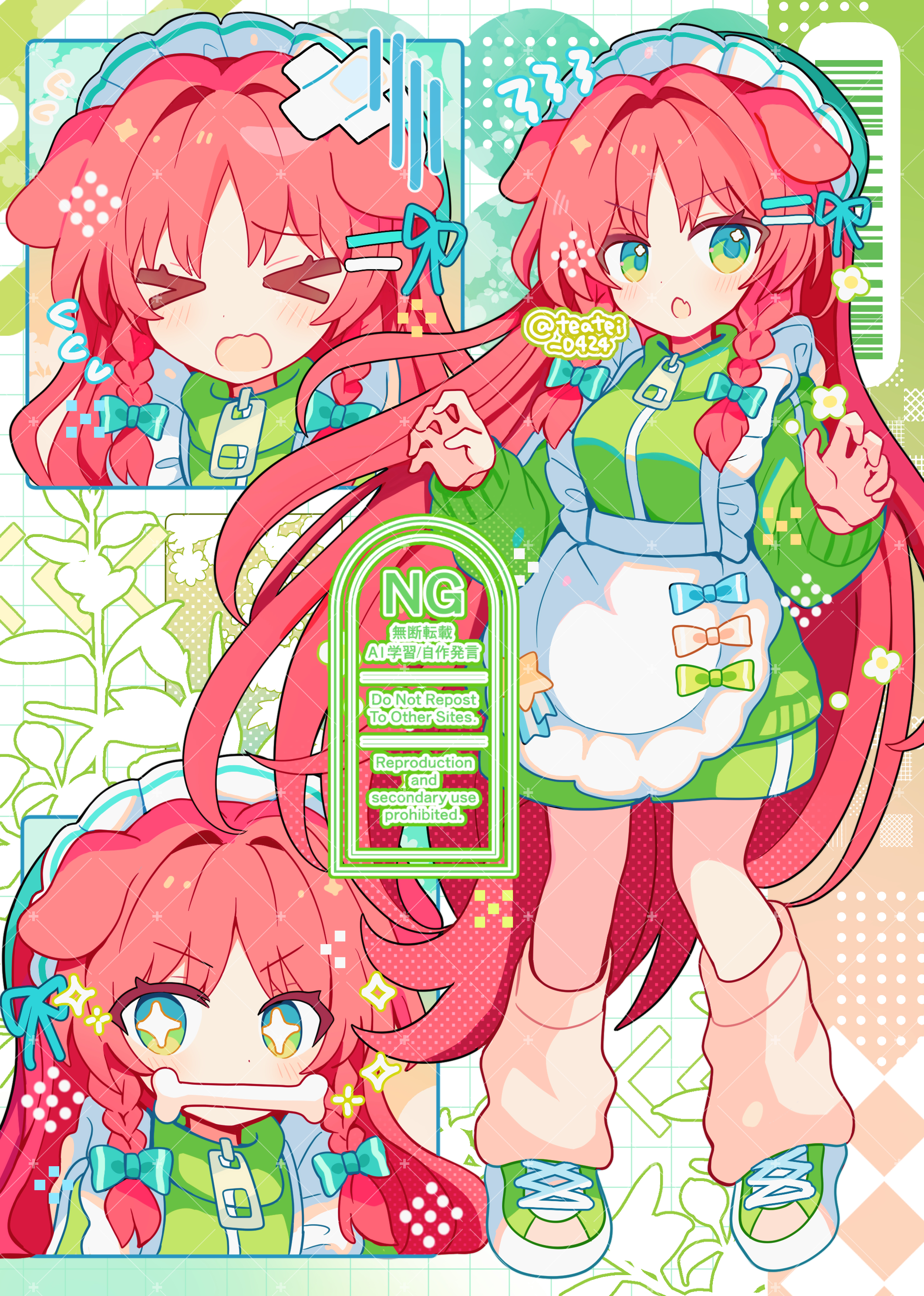 shirocha tei, hong meiling, touhou, absurdres, commentary, highres, > <, + +, 1girl, :o, animal ears, apron, blush, bone, bone in mouth, braid, closed eyes, dog ears, dog girl, fang, flat chest, frilled apron, frills, full body, green eyes, green jacket, green shoes, jacket, jersey maid, kemonomimi mode, long hair, long sleeves, looking at viewer, loose socks, maid, maid headdress, open mouth, pink socks, red hair, shoes, skin fang, sneakers, socks, standing, track jacket, twin braids, twitter username, unconventional maid, v-shaped eyebrows, very long hair, watermark, white apron, zipper