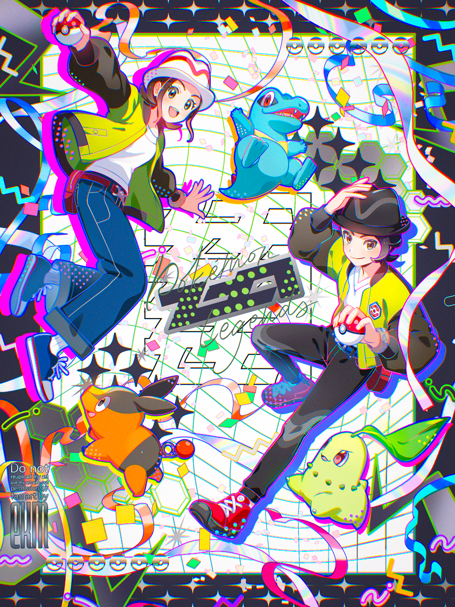 ekm, chikorita, harmony (pokemon), paxton (pokemon), tepig, totodile, nintendo, pokemon, pokemon legends: z-a, highres, mixed-language commentary, 1boy, 1girl, :d, arm up, belt, black hat, bracelet, brown hair, closed mouth, gen 2 pokemon, gen 5 pokemon, green jacket, hat, holding, holding poke ball, jacket, jewelry, long sleeves, open clothes, open jacket, open mouth, pants, poke ball, poke ball (basic), pokemon (creature), shirt, shoes, smile, socks, starter pokemon trio, watermark, white hat, white shirt