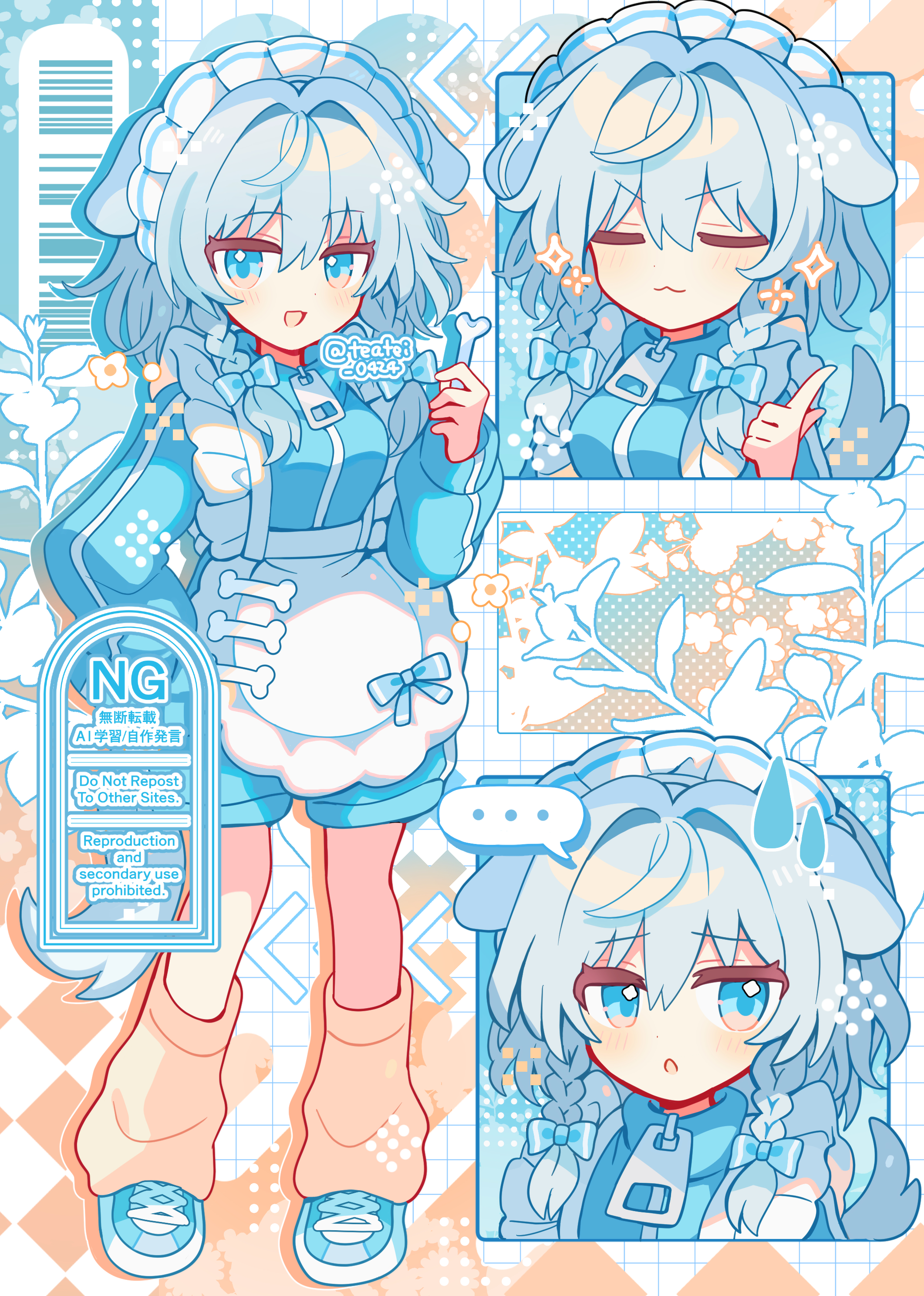 shirocha tei, inu sakuya (nejikirio), izayoi sakuya, touhou, absurdres, commentary, highres, …, 1girl, :3, :d, :o, alternate costume, animal ears, apron, blue bow, blue eyes, blue jacket, blue shoes, blue shorts, blush, bone, bow, bow apron, chlid:10035897, closed eyes, closed mouth, dog ears, dog girl, enmaided, frilled apron, frills, full body, grey hair, grid background, hair between eyes, hair bow, holding, holding bone, jacket, jersey maid, kemonomimi mode, long hair, long sleeves, looking at viewer, loose socks, maid, maid headdress, multiple views, open mouth, shoes, shorts, smile, sneakers, socks, spoken ellipsis, standing, tenshi kaiwai, track jacket, twitter username, unconventional maid, v-shaped eyebrows, watermark, white apron, yellow socks, zipper