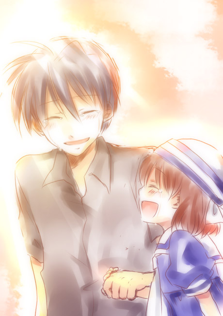mina m, mochizuki mina, okazaki tomoya, okazaki ushio, clannad, bad id, bad pixiv id, 00s, 1boy, 1girl, age difference, blue hair, brown hair, closed eyes, dress, father and daughter, holding hands, monochrome, open mouth, short hair, tears