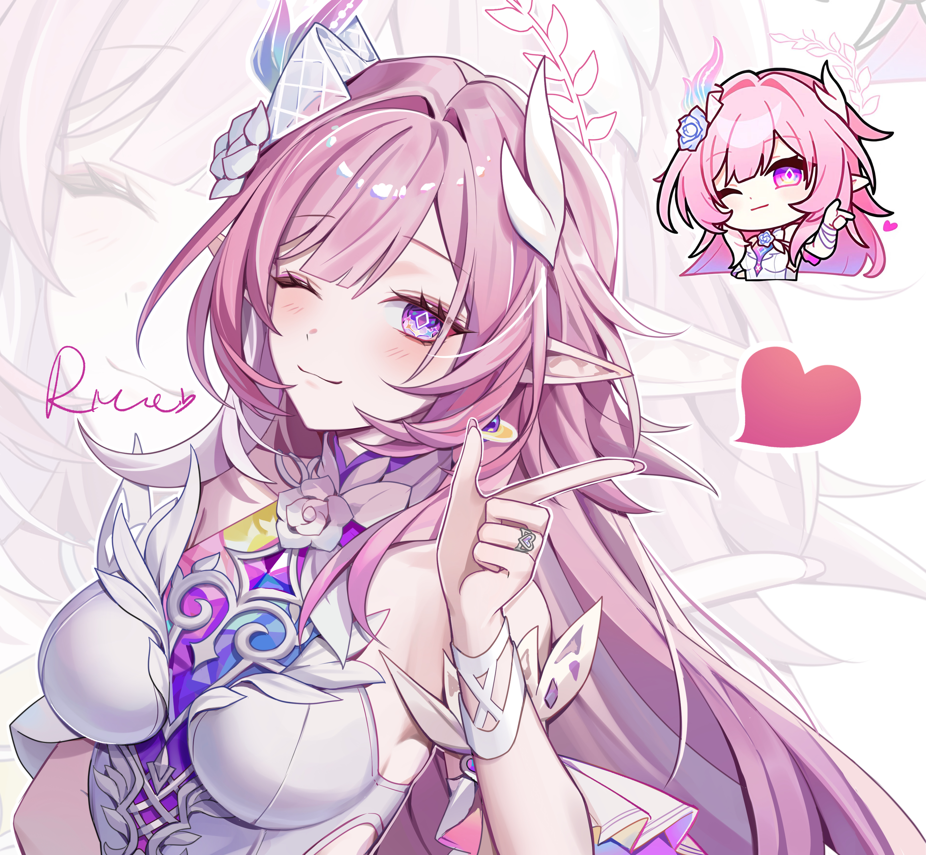 tianqing mw, cyrene (honkai: star rail), cyrene (ripples of past reverie) (honkai: star rail), honkai: star rail, honkai (series), absurdres, commentary, highres, symbol-only commentary, 1girl, ;), breasts, chibi, chibi inset, diamond-shaped pupils, diamond (shape), dress, flower, hair flower, hair ornament, halo, honkai: star rail sticker redraw (meme), large breasts, long hair, looking at viewer, meme, multicolored hair, one eye closed, pink hair, pointy ears, purple eyes, smile, solo, symbol-shaped pupils, two-tone hair, upper body, very long hair, white dress, white hair