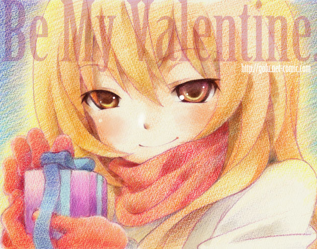 gofu, aisaka taiga, toradora!, traditional media, 00s, 1girl, female focus, gift, gloves, holding, holding gift, scarf, solo, valentine