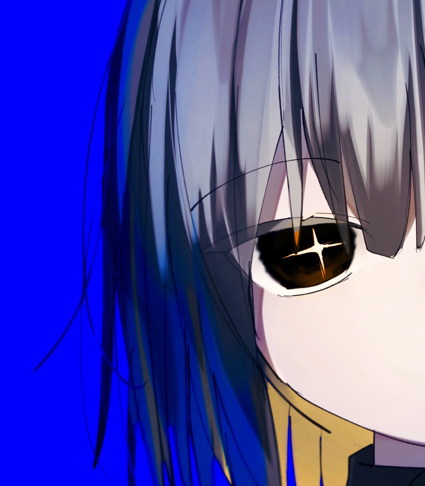 kurobarashan, frisk (undertale), undertale, utdr (toby fox), commentary request, highres, + +, 1other, black eyes, black sweater, blonde hair, blue background, bright pupils, close-up, colored eyelashes, colored inner hair, grey hair, hair between eyes, looking at viewer, multicolored hair, no mouth, other focus, portrait, short hair, simple background, solo, sweater, tsurime, turtleneck, turtleneck sweater, two-tone hair, unusually open eyes, yellow pupils