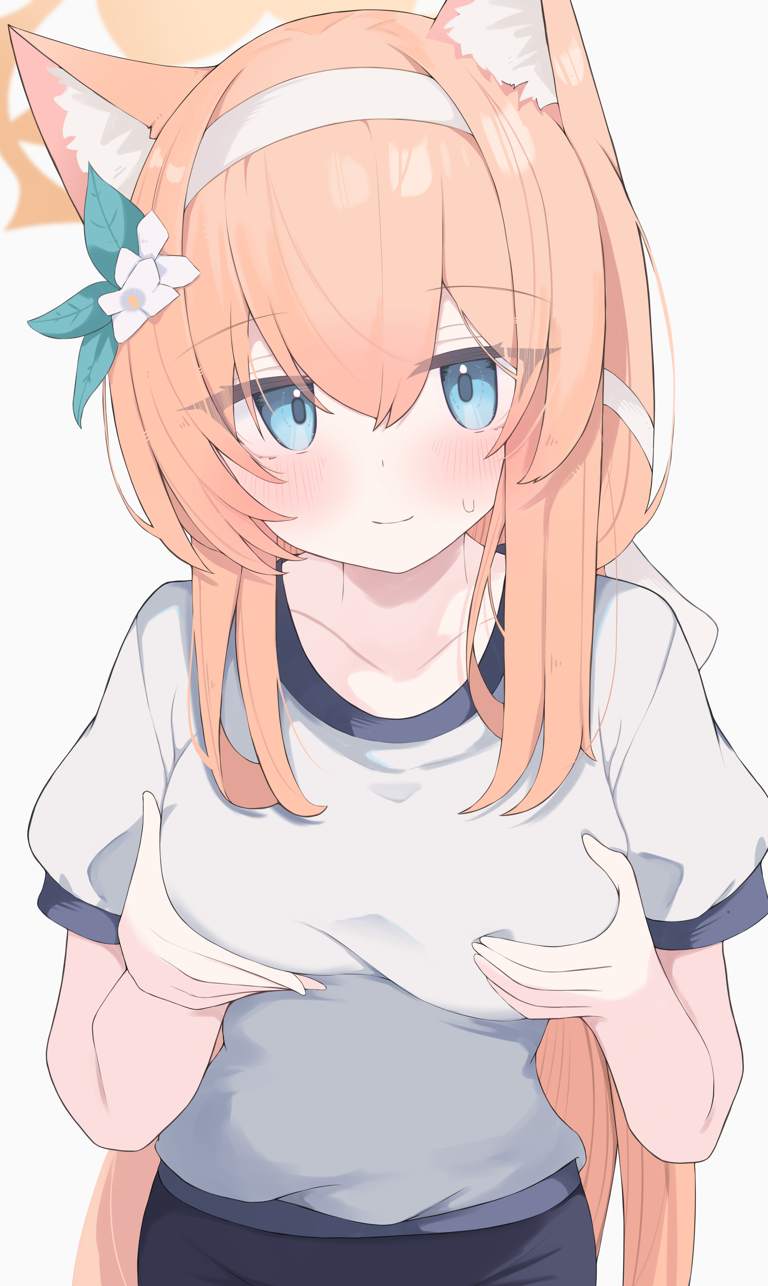 nui (nuinui0300), mari (blue archive), mari (track) (blue archive), blue archive, absurdres, highres, variant set, 1girl, animal ears, blue eyes, blush, breasts, flower, gym uniform, hair flower, hair ornament, halo, long hair, looking at viewer, official alternate costume, orange hair, shirt, solo, yellow halo