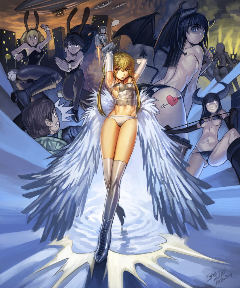 saejin oh, bad deviantart id, bad id, 1boy, 6+girls, angel, angel wings, animal ears, ankle boots, arms up, ass, black hair, blonde hair, boots, breasts, demon girl, dominatrix, elbow gloves, fake animal ears, gloves, groin, horns, jetpack, long hair, lowleg, lowleg panties, multiple girls, panties, pantyhose, playboy bunny, rabbit ears, red eyes, tattoo, thighhighs, thong, toned, toned female, topless female, underboob, underwear, whip, wings