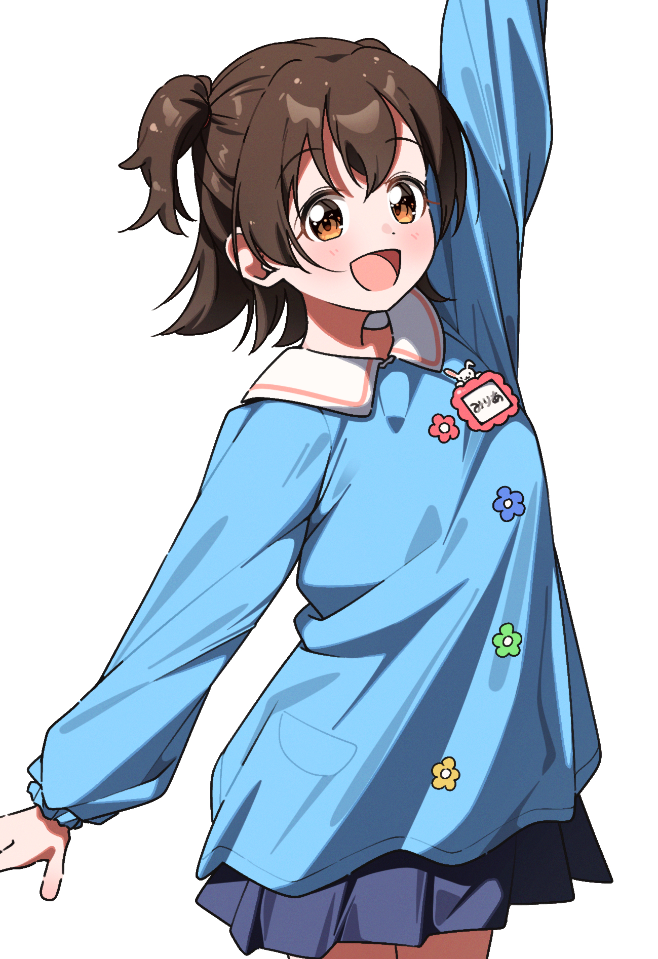 yairo ju, akagi miria, idolmaster, idolmaster cinderella girls, commentary request, highres, 1girl, :d, arm up, blue shirt, blue skirt, brown eyes, brown hair, collared shirt, cowboy shot, kindergarten uniform, long sleeves, looking at viewer, medium hair, name tag, open mouth, pleated skirt, shirt, simple background, skirt, smile, smock, solo, two side up, white background