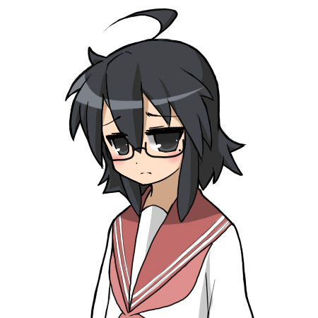 suzumiya annko, izumi konata, kurokona, lucky star, bad id, bad pixiv id, lowres, 00s, 1girl, ahoge, alternate hairstyle, black eyes, black hair, female focus, glasses, mole, mole under eye, school uniform, serafuku, short hair, solo