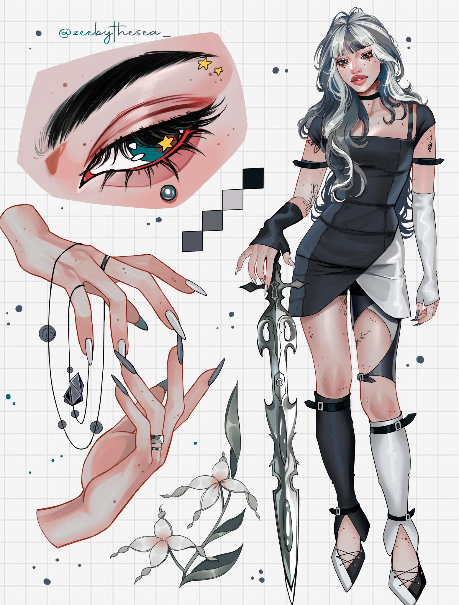 zeebythesea, original, highres, 1girl, aegyo sal, ankle belt, arm belt, asymmetrical gloves, bike shorts, black choker, black dress, black gloves, bracelet, brown eyes, choker, choppy bangs, color guide, detached pants, dress, elbow gloves, eye focus, eyelashes, eyelid piercing, face piercing, fashion, fingerless gloves, fingernails, flower, flower tattoo, full body, gloves, green eyes, grey hair, grey nails, grid background, hair over breasts, hair over one breast, hand focus, heart, heart tattoo, high heels, holding, holding sword, holding weapon, jewelry, leaf tattoo, leg belt, leg tattoo, long fingernails, long hair, looking at viewer, mole, mole on arm, mole on cheek, mole on chest, mole on hand, mole on neck, mole under each eye, mole under eye, multicolored eyes, multicolored hair, multicolored nails, multicolored shoes, multiple moles, multiple views, nail polish, pants, pantyhose, parted lips, piercing, pink lips, ring, short dress, short sleeves, silver (zeebythesea), single leg pantyhose, square neckline, star (symbol), sword, tattoo, text tattoo, thick eyebrows, thick lips, thigh strap, torn clothes, torn pantyhose, twitter username, two-tone dress, two-tone eyes, two-tone gloves, two-tone hair, two-tone nails, two-tone pants, two-tone shoes, wavy hair, weapon, white dress, white gloves, white nails, white streaks