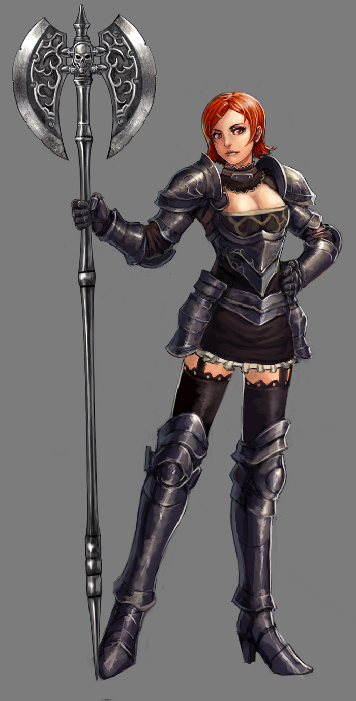 lieqi hun, original, bad id, bad pixiv id, highres, 1girl, armor, axe, breasts, cleavage, fantasy, female focus, garter belt, hair ornament, hairclip, knight, large breasts, purple eyes, red hair, short hair, solo, thighhighs, warrior, weapon