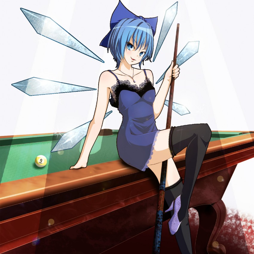 nikka (cryptomeria), cirno, cirno-nee, embodiment of scarlet devil, touhou, 1girl, aged up, ball, billiard ball, billiards, circled 9, cue stick, dress, female focus, high heels, jewelry, naughty face, necklace, shoes, solo, thighhighs